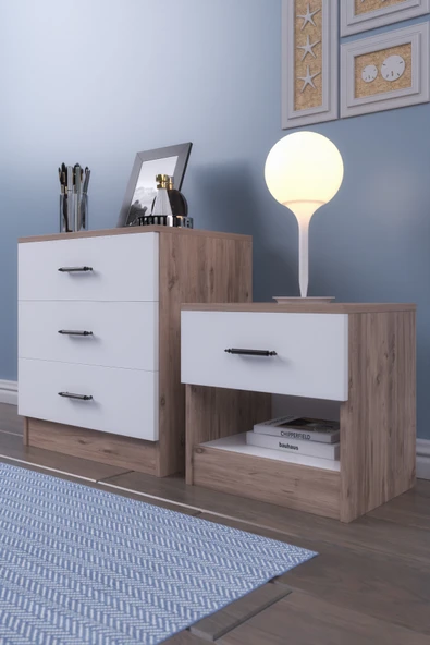 ABETE MOBİLYA 2 Kapılı Geniş Gardırop Komodin 3 Çekmeceli Şifonyer Takım / Atlantik Çam-Beyaz - 4