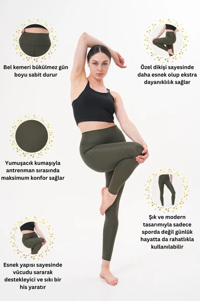 Syosh Kadın Haki Yüksel Bel Toparlayıcı Spor Tayt - 3