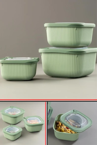 FloraMikrodalga Saklama Kabı 6’lı Set, Buzluk Mikrodalga Uygun Kapaklı Özel Set 2x(600-1100-1800ml) Yeşil - 3