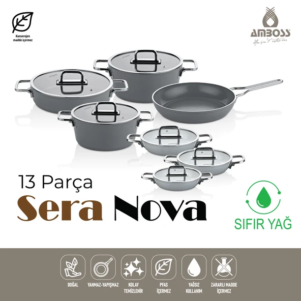 Sera Nova 13 Parça Seramik Tencere Tava Sahan Seti Gri - 2