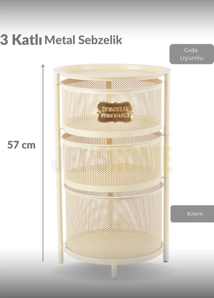 3 Katlı Sebzelik Açılır Metal Patates Soğan Sepeti Paslanmaz Meyvelik Organizer Sepet Krem - 3