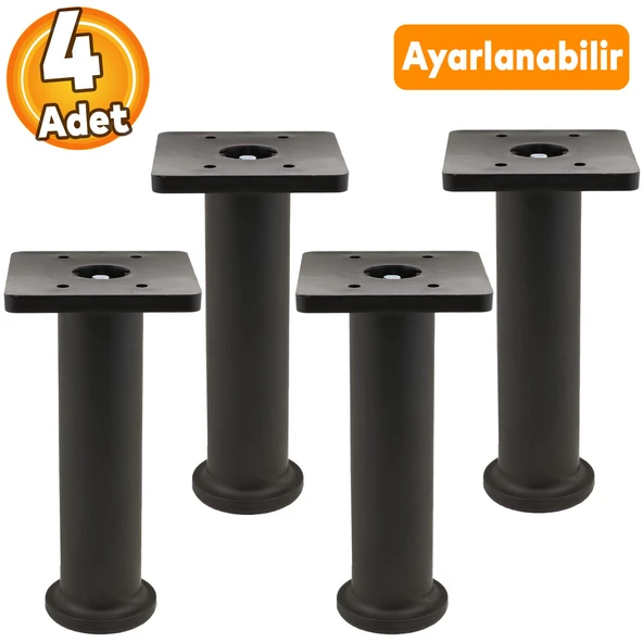 (4 ADET) Ayarlanabilir Destek 15 Cm Siyah Mobilya Kanepe Koltuk Baza Yükseltme Ayağı Ayakları