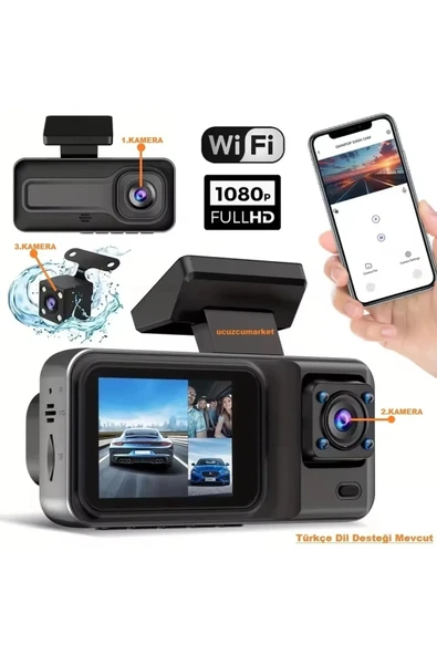 3 KAMERALI WİFİ ÖZELLİKLİ 2 İNÇ MİNİ ARAÇ İÇİ KAMERA