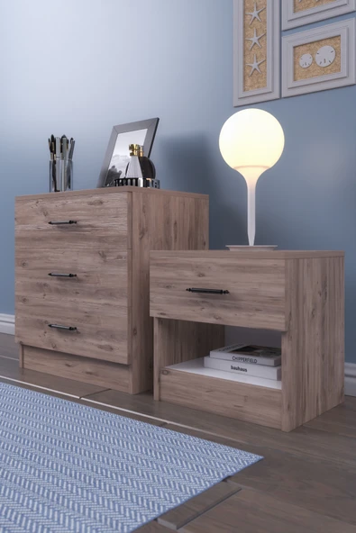 ABETE MOBİLYA 2 Kapılı Geniş Gardırop Komodin 3 Çekmeceli Şifonyer Takım / Atlantik Çam - 3