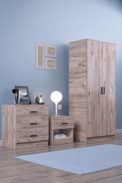 ABETE MOBİLYA 2 Kapılı Geniş Gardırop Komodin 3 Çekmeceli Şifonyer Takım / Atlantik Çam