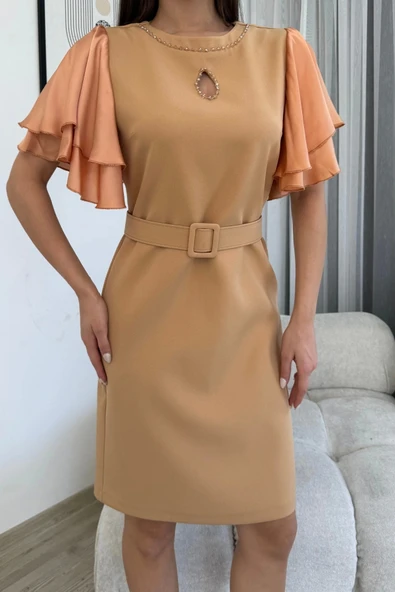 Saten Kol Volanlı Boncuk İşlemeli Kemerli Abiye Elbise 6012-Camel - Resim 4