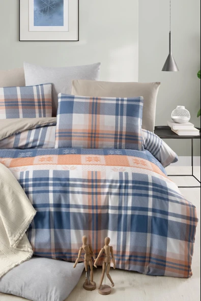 Lastikli Çarşaflı Tek Kişilik Nevresim Takımı Plaid - Resim 3