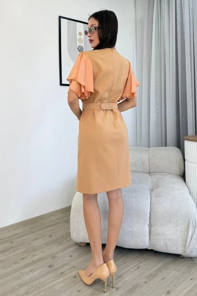 Saten Kol Volanlı Boncuk İşlemeli Kemerli Abiye Elbise 6012-Camel - Resim 5