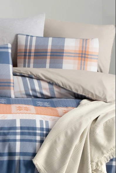 Lastikli Çarşaflı Tek Kişilik Nevresim Takımı Plaid - Resim 2