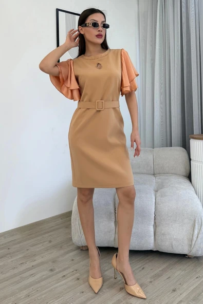 Saten Kol Volanlı Boncuk İşlemeli Kemerli Abiye Elbise 6012-Camel - Resim 3