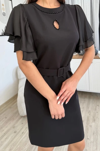 Saten Kol Volanlı Boncuk İşlemeli Kemerli Abiye Elbise 6012-Siyah - 3