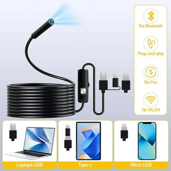 Ozmik CMR71  Işıklı 10M endoskopi kamerası 1080p HD su geçirmez IP67 8 LED  Android ve iOS - Resim 4