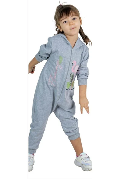 Kız Bebek Üzerinde Flamingo Baskılı Önü Fermuarlı Kapüşonlu Buz Mavisi Tulum - Resim 3