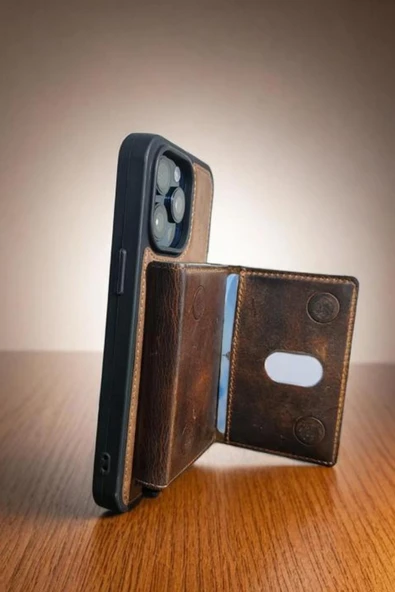 Hakiki Gerçek Deri Magsafe Uyumlu Mekanizmalı Kartlık Yatay Dikey Stand Özellikli - 4