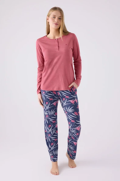 Pierre Cardin Paris 8903 Kadın Çiçek Desen Yaka Düğmeli Uzun Kol Pijama Takım