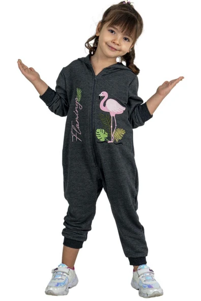 Kız Bebek Üzerinde Flamingo Baskılı Önü Fermuarlı Kapüşonlu Füme Tulum ürün görseli