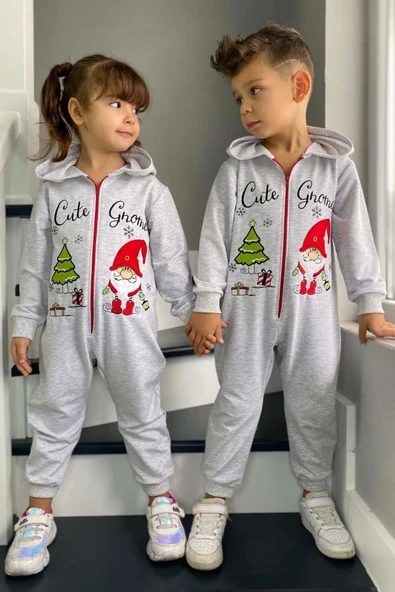 Kız Erkek Bebek Üzerinde Noel Baba ve Ağaç Önü Fermuarlı Kapüşonlu Gri Tulum ürün görseli