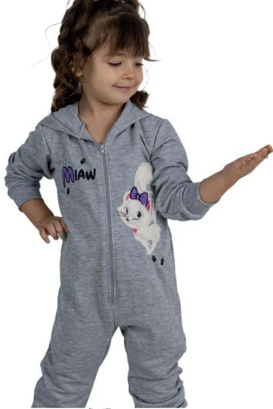 Kız Bebek Üzerinde Kedi ve Miaw Yazı Baskılı Önü Fermuarlı Kapüşonlu Gri Tulum - Resim 2