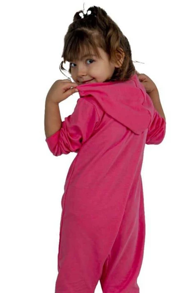 Kız Bebek Üzerinde Kedi ve Miaw Yazı Baskılı Önü Fermuarlı Kapüşonlu Pembe Tulum - Resim 3