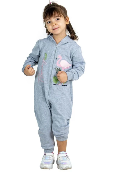 Kız Bebek Üzerinde Flamingo Baskılı Önü Fermuarlı Kapüşonlu Buz Mavisi Tulum ürün görseli