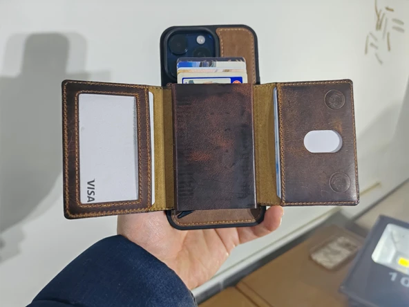 Hakiki Gerçek Deri Magsafe Uyumlu Mekanizmalı Kartlık Yatay Dikey Stand Özellikli - 8