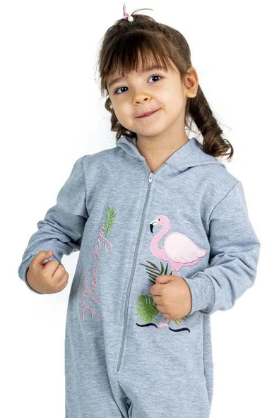 Kız Bebek Üzerinde Flamingo Baskılı Önü Fermuarlı Kapüşonlu Buz Mavisi Tulum - Resim 4