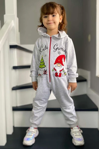 Kız Erkek Bebek Üzerinde Noel Baba ve Ağaç Önü Fermuarlı Kapüşonlu Gri Tulum - Resim 5