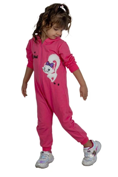 Kız Bebek Üzerinde Kedi ve Miaw Yazı Baskılı Önü Fermuarlı Kapüşonlu Pembe Tulum ürün görseli