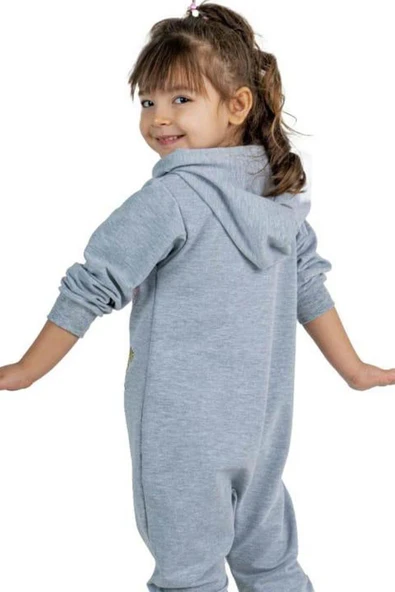 Kız Bebek Üzerinde Kedi ve Miaw Yazı Baskılı Önü Fermuarlı Kapüşonlu Gri Tulum - Resim 3