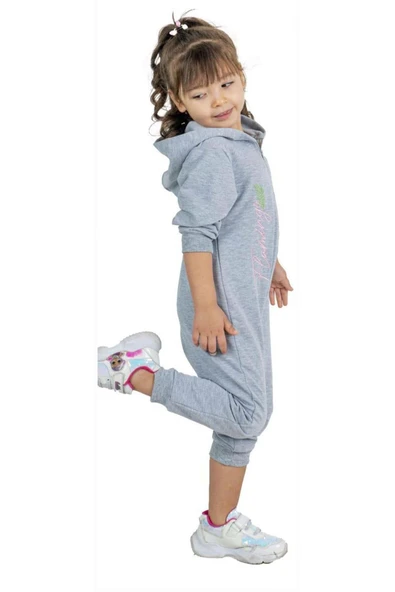 Kız Bebek Üzerinde Flamingo Baskılı Önü Fermuarlı Kapüşonlu Buz Mavisi Tulum - Resim 2