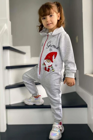 Kız Erkek Bebek Üzerinde Noel Baba ve Ağaç Önü Fermuarlı Kapüşonlu Gri Tulum - 3