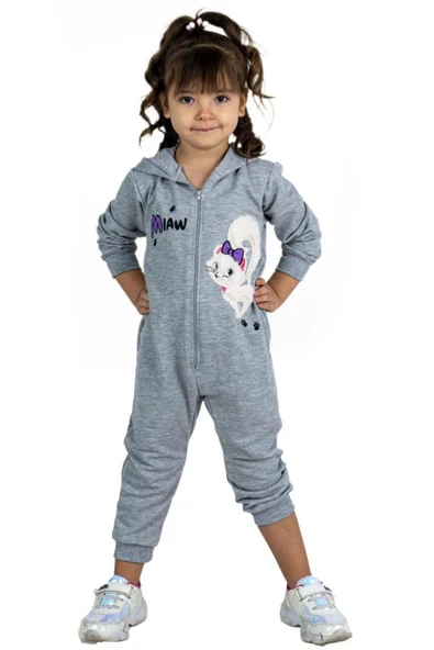Kız Bebek Üzerinde Kedi ve Miaw Yazı Baskılı Önü Fermuarlı Kapüşonlu Gri Tulum ürün görseli