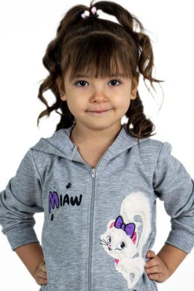 Kız Bebek Üzerinde Kedi ve Miaw Yazı Baskılı Önü Fermuarlı Kapüşonlu Gri Tulum - Resim 4