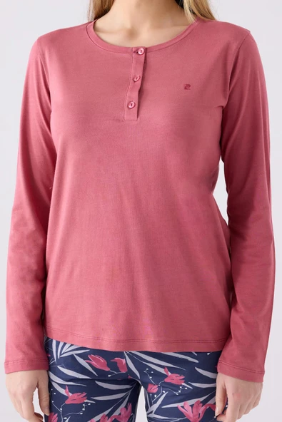 Pierre Cardin Paris 8903 Kadın Çiçek Desen Yaka Düğmeli Uzun Kol Pijama Takım - 4