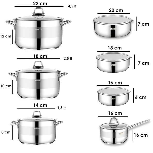 Bella 14 Parça Tüm Ocaklara Uyumlu Paslanmaz Çelik Tencere Sütlük Saklama Kabı Seti - Resim 5