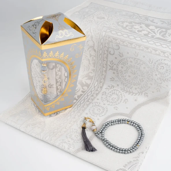 Ramazan Feneri Tesbih + Seccade Hediye Seti (Kraft Asetat Kutu, Gri) - 2