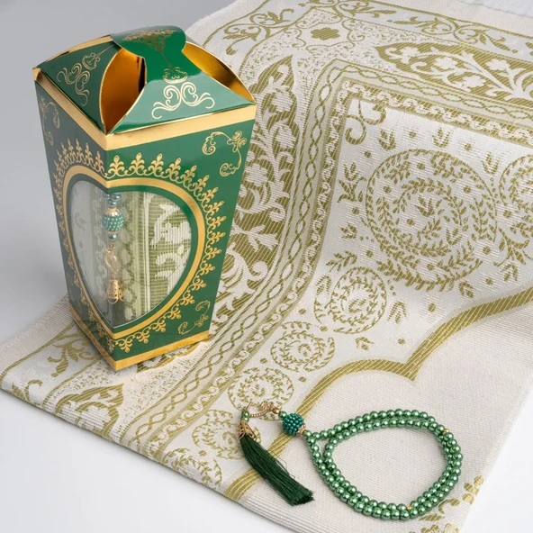 Ramazan Feneri Tesbih + Seccade Hediye Seti (Kraft Asetat Kutu, Yeşil) - 2