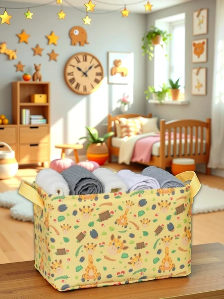Giraffe Desenli Çok Amaçlı Dolap Içi Düzenleyici Dekoratif Dikdörtgen Düzenleyici Sepet 30 x 22 x 18 - 3