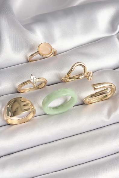 Pirinç Gold Renk Zirkon Taşlı Daire Pembe Mineli Detay 6'Lı Kadın Yüzük Seti - EBJ250301W31442 ürün görseli