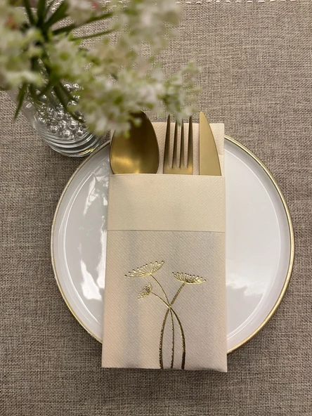Gold Yaldızlı Krem Cepli Havuç Çiçeği Kumaş Dokulu Air Laid Peçete 6 Adet ürün görseli 1