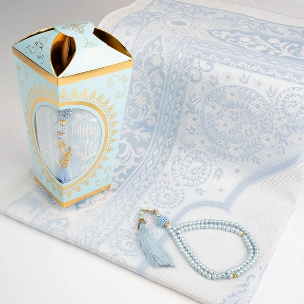 Ramazan Feneri Tesbih + Seccade Hediye Seti (Kraft Asetat Kutu, Mavi) - 2