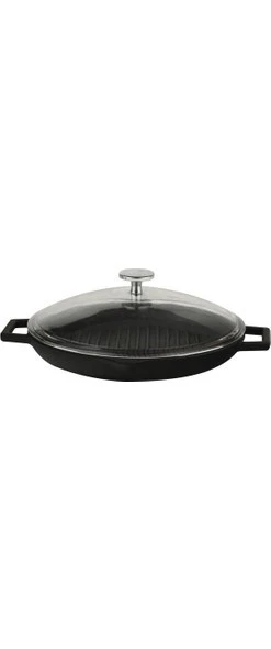 Lava Döküm 30 cm Yuvarlak Metal Kulplu Cam Kapaklı Izgara Tava