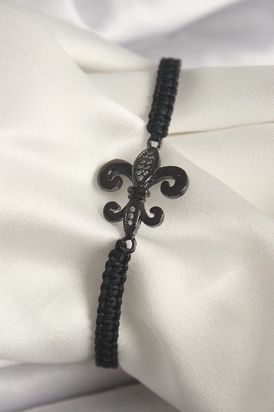 Pirinç Siyah Renk Zirkon Taş İşlemeli Zambak Figür Asansörlü Makrome Model Kadın Bileklik - EBJ250301W31660 ürün görseli