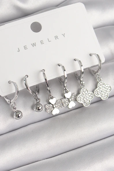 Pirinç Gümüş Renk Sallantı Zirkon Taşlı Yonca Model Topçuk Detay Kadın Küpe Seti - EBJ250301W31566 ürün görseli