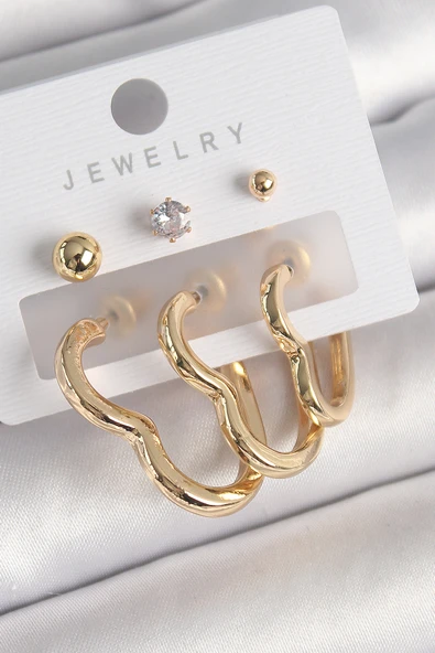 Pirinç Gold Renk Kalp Model Zirkon Taşlı Topçuk Detay Kadın Küpe Seti - EBJ250301W31581 ürün görseli