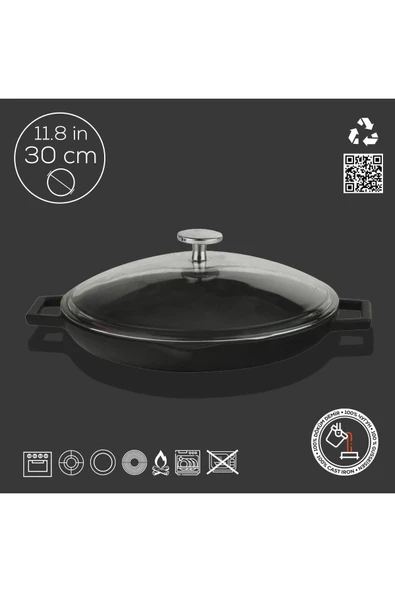 Lava Döküm Yuvarlak Kızartma Tavası Cam Kapaklı Döküm Demir Yekpare Çift Kulplu Çap 30cm. - 2