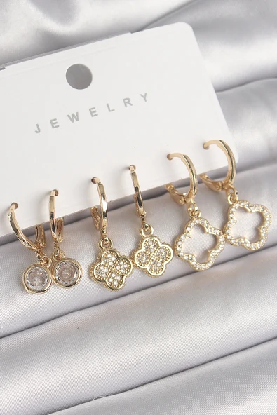 Pirinç Gold Renk Sallantı Zirkon Taşlı Yonca Model Kadın Küpe Seti - EBJ250301W31547 ürün görseli