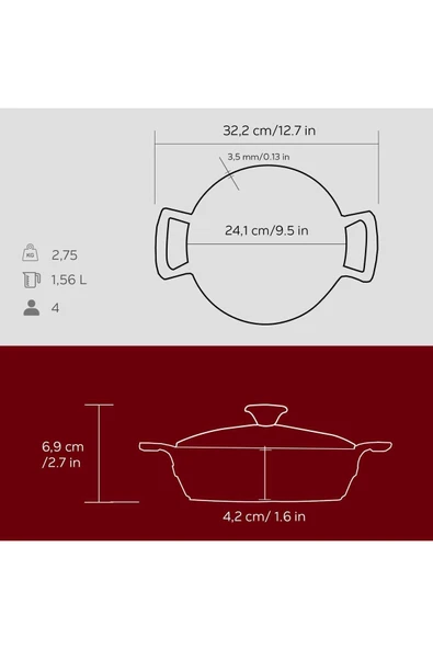 Lava Yekpare Kulplu Cam Kapaklı Kırmızı 24 cm Demir Döküm Sahan - 5