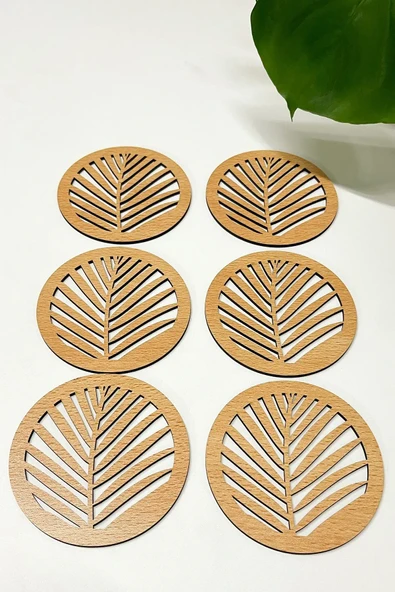Doğal Ahşap Renkli Yaprak Desenli Bardak Altlığı (6'lı Set) - 2