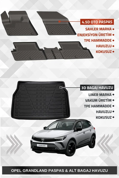 Sahler Opel Grandland 2017-2024 Uyumlu 4.5D Premium Havuzlu Oto Paspas ve Liner Marka 3D ALT Bagaj Havuzu - Grandland - 2